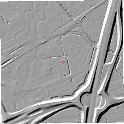 Shaded relief map of the ground around BS227SL, computed from Environment Agency LiDAR. The ground here sits at about 6 m above sea level and falls 10 m across the surrounding 800 m. Surface water reaching this point runs off ground lying to the south-south-east, 1.7 m higher.