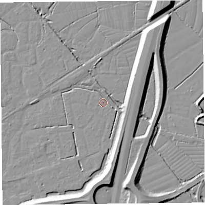 Shaded relief map of the ground around BS227SN, computed from Environment Agency LiDAR. The ground here sits at about 6 m above sea level and falls 10 m across the surrounding 800 m. The ground contributing surface water to this point lies to the west-south-west.