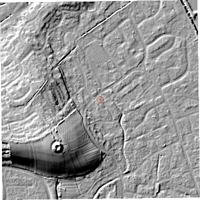 Shaded relief map of the ground around BS227SP, computed from Environment Agency LiDAR. The ground here sits at about 6 m above sea level and falls 17 m across the surrounding 800 m. Surface water reaching this point runs off ground lying to the south-west, 15.6 m higher.