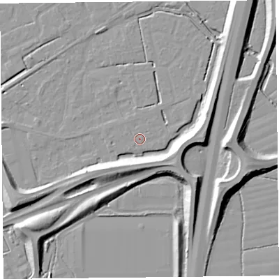 Shaded relief map of the ground around BS227SQ, computed from Environment Agency LiDAR. The ground here sits at about 6 m above sea level and falls 10 m across the surrounding 800 m. Surface water reaching this point runs off ground lying to the west, 0.6 m higher.