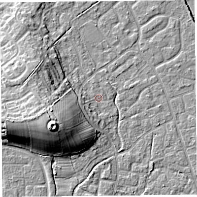Shaded relief map of the ground around BS227SR, computed from Environment Agency LiDAR. The ground here sits at about 6 m above sea level and falls 17 m across the surrounding 800 m. Surface water reaching this point runs off ground lying to the west-south-west, 10.9 m higher.