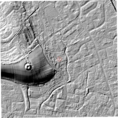 Shaded relief map of the ground around BS227SS, computed from Environment Agency LiDAR. The ground here sits at about 6 m above sea level and falls 17 m across the surrounding 800 m. Surface water reaching this point runs off ground lying to the west-south-west, 2.6 m higher.