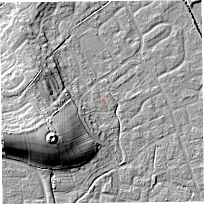 Shaded relief map of the ground around BS227ST, computed from Environment Agency LiDAR. The ground here sits at about 6 m above sea level and falls 17 m across the surrounding 800 m. Surface water reaching this point runs off ground lying to the west-south-west, 0.6 m higher.