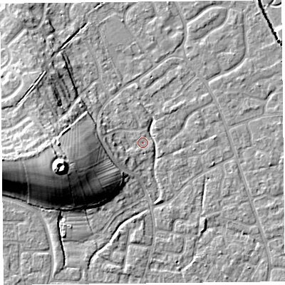 Shaded relief map of the ground around BS227SU, computed from Environment Agency LiDAR. The ground here sits at about 6 m above sea level and falls 17 m across the surrounding 800 m. Surface water reaching this point runs off ground lying to the west-south-west, 3.3 m higher.