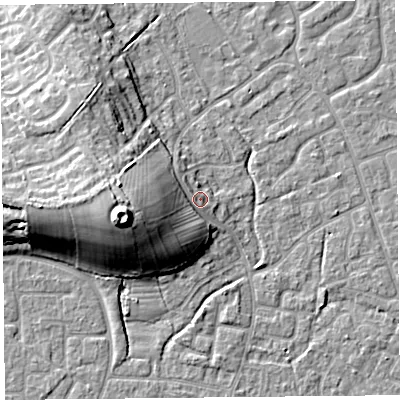 Shaded relief map of the ground around BS227SW, computed from Environment Agency LiDAR. The ground here sits at about 8 m above sea level and falls 17 m across the surrounding 800 m. Surface water reaching this point runs off ground lying to the west-south-west, 13.5 m higher.