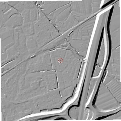 Shaded relief map of the ground around BS227SX, computed from Environment Agency LiDAR. The ground here sits at about 6 m above sea level and falls 10 m across the surrounding 800 m. The ground contributing surface water to this point lies to the north-east.