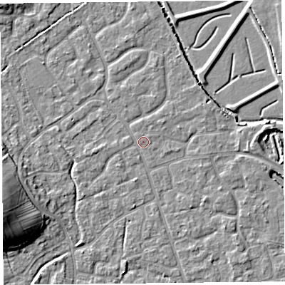 Shaded relief map of the ground around BS227SY, computed from Environment Agency LiDAR. The ground here sits at about 6 m above sea level and falls 12 m across the surrounding 800 m. Surface water reaching this point runs off ground lying to the north, 0.6 m higher.