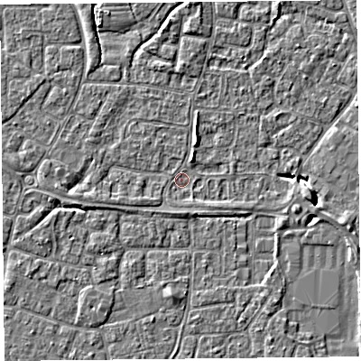 Shaded relief map of the ground around BS227TA, computed from Environment Agency LiDAR. The ground here sits at about 6 m above sea level and falls 5 m across the surrounding 800 m. Surface water reaching this point runs off ground lying to the west-south-west, 1.4 m higher.