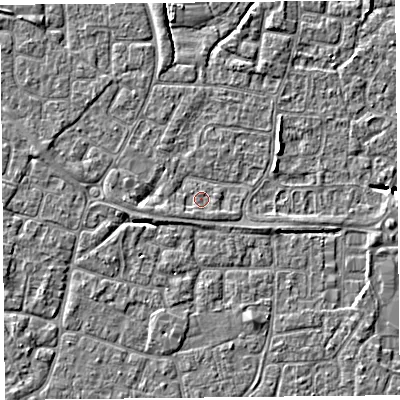 Shaded relief map of the ground around BS227TB, computed from Environment Agency LiDAR. The ground here sits at about 6 m above sea level and falls 5 m across the surrounding 800 m. Surface water reaching this point runs off ground lying to the south-east, 0.6 m higher.