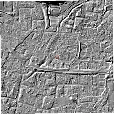 Shaded relief map of the ground around BS227TD, computed from Environment Agency LiDAR. The ground here sits at about 6 m above sea level and falls 7 m across the surrounding 800 m. Surface water reaching this point runs off ground lying to the south-west, 1.4 m higher.