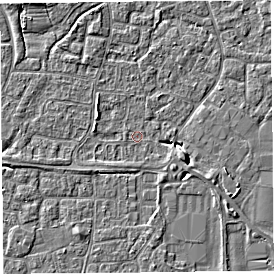 Shaded relief map of the ground around BS227TE, computed from Environment Agency LiDAR. The ground here sits at about 6 m above sea level and falls 6 m across the surrounding 800 m. Surface water reaching this point runs off ground lying to the south-west, 1.2 m higher.