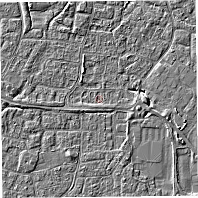 Shaded relief map of the ground around BS227TF, computed from Environment Agency LiDAR. The ground here sits at about 6 m above sea level and falls 6 m across the surrounding 800 m. Surface water reaching this point runs off ground lying to the east, 1.0 m higher.