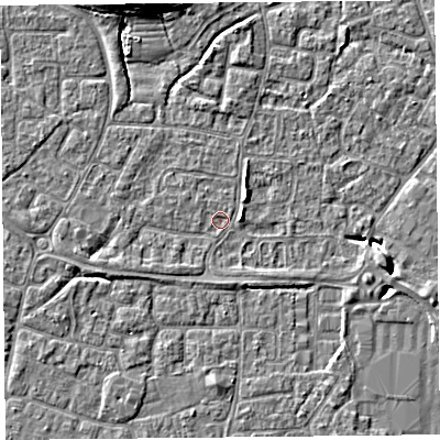 Shaded relief map of the ground around BS227TG, computed from Environment Agency LiDAR. The ground here sits at about 6 m above sea level and falls 7 m across the surrounding 800 m. Surface water reaching this point runs off ground lying to the west-south-west, 1.4 m higher.