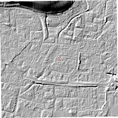 Shaded relief map of the ground around BS227TH, computed from Environment Agency LiDAR. The ground here sits at about 6 m above sea level and falls 15 m across the surrounding 800 m. Surface water reaching this point runs off ground lying to the north-west, 0.7 m higher.
