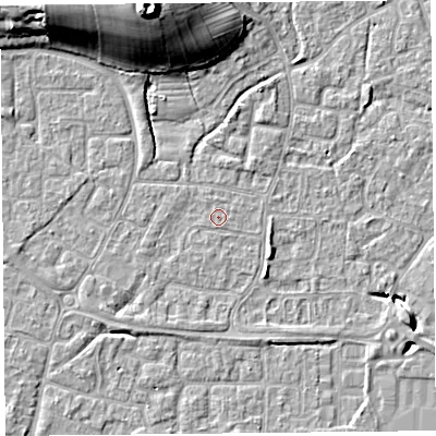 Shaded relief map of the ground around BS227TJ, computed from Environment Agency LiDAR. The ground here sits at about 6 m above sea level and falls 19 m across the surrounding 800 m. Surface water reaching this point runs off ground lying to the west, 0.7 m higher.