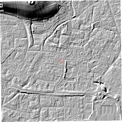Shaded relief map of the ground around BS227TL, computed from Environment Agency LiDAR. The ground here sits at about 6 m above sea level and falls 19 m across the surrounding 800 m. The ground contributing surface water to this point lies to the west-north-west.