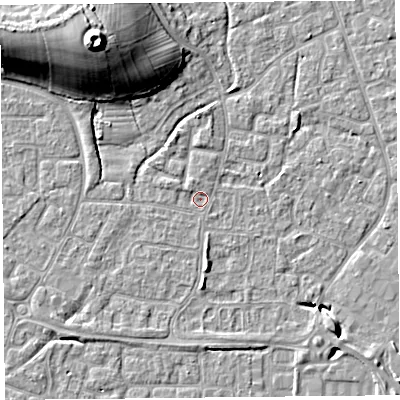 Shaded relief map of the ground around BS227TN, computed from Environment Agency LiDAR. The ground here sits at about 6 m above sea level and falls 19 m across the surrounding 800 m. Surface water reaching this point runs off ground lying to the north-west, 12.9 m higher.
