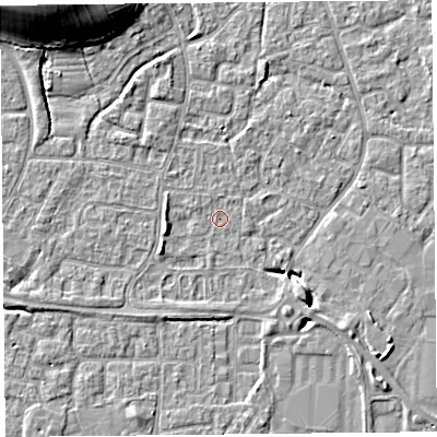 Shaded relief map of the ground around BS227TP, computed from Environment Agency LiDAR. The ground here sits at about 6 m above sea level and falls 14 m across the surrounding 800 m. Surface water reaching this point runs off ground lying to the west-south-west, 2.1 m higher.