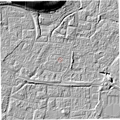 Shaded relief map of the ground around BS227TQ, computed from Environment Agency LiDAR. The ground here sits at about 6 m above sea level and falls 14 m across the surrounding 800 m. Surface water reaching this point runs off ground lying to the west-south-west, 0.6 m higher.