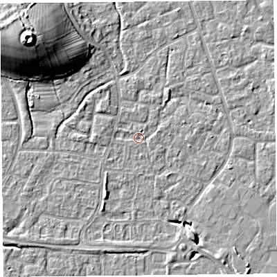 Shaded relief map of the ground around BS227TR, computed from Environment Agency LiDAR. The ground here sits at about 5 m above sea level and falls 19 m across the surrounding 800 m. Surface water reaching this point runs off ground lying to the north-west, 16.7 m higher.