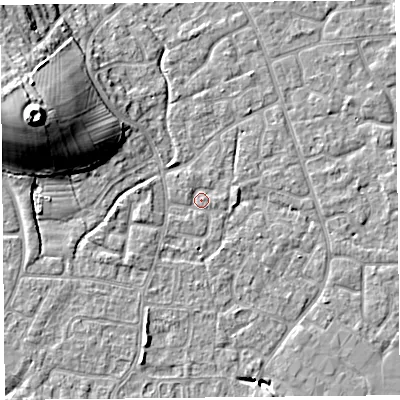 Shaded relief map of the ground around BS227TS, computed from Environment Agency LiDAR. The ground here sits at about 6 m above sea level and falls 19 m across the surrounding 800 m. Surface water reaching this point runs off ground lying to the west-north-west, 16.7 m higher.