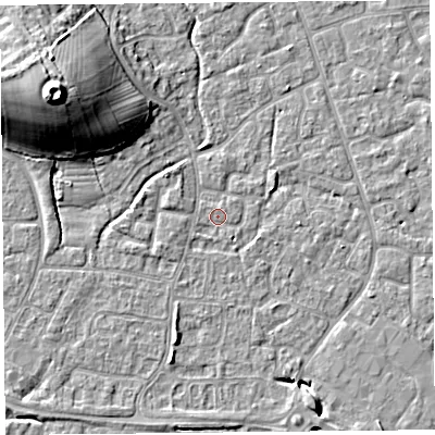 Shaded relief map of the ground around BS227TT, computed from Environment Agency LiDAR. The ground here sits at about 6 m above sea level and falls 19 m across the surrounding 800 m. Surface water reaching this point runs off ground lying to the north-west, 13.4 m higher.