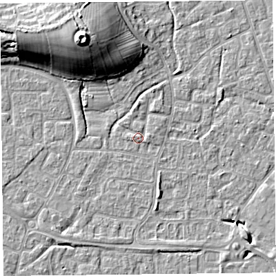 Shaded relief map of the ground around BS227TU, computed from Environment Agency LiDAR. The ground here sits at about 6 m above sea level and falls 19 m across the surrounding 800 m. Surface water reaching this point runs off ground lying to the north-west, 12.9 m higher.