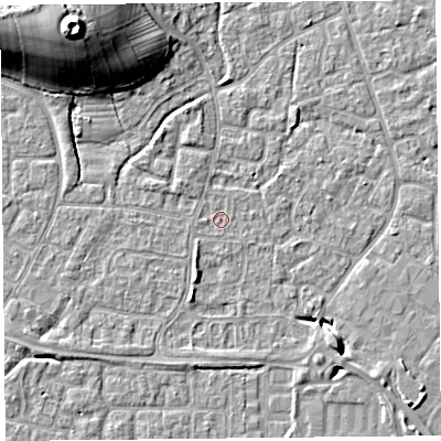 Shaded relief map of the ground around BS227TW, computed from Environment Agency LiDAR. The ground here sits at about 6 m above sea level and falls 19 m across the surrounding 800 m. Surface water reaching this point runs off ground lying to the south-south-west, 2.2 m higher.