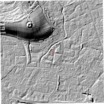 Shaded relief map of the ground around BS227TX, computed from Environment Agency LiDAR. The ground here sits at about 6 m above sea level and falls 19 m across the surrounding 800 m. Surface water reaching this point runs off ground lying to the west, 1.2 m higher.