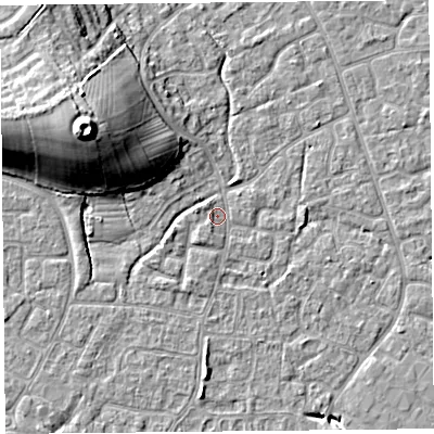 Shaded relief map of the ground around BS227TY, computed from Environment Agency LiDAR. The ground here sits at about 6 m above sea level and falls 19 m across the surrounding 800 m. Surface water reaching this point runs off ground lying to the north-west, 16.7 m higher.