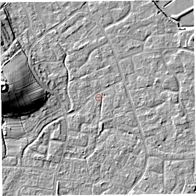 Shaded relief map of the ground around BS227UA, computed from Environment Agency LiDAR. The ground here sits at about 6 m above sea level and falls 18 m across the surrounding 800 m. Surface water reaching this point runs off ground lying to the north-north-west, 1.6 m higher.