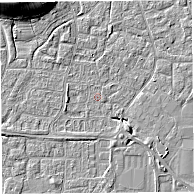 Shaded relief map of the ground around BS227UB, computed from Environment Agency LiDAR. The ground here sits at about 6 m above sea level and falls 14 m across the surrounding 800 m. Surface water reaching this point runs off ground lying to the south-south-west, 1.3 m higher.