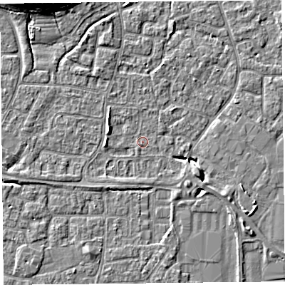 Shaded relief map of the ground around BS227UD, computed from Environment Agency LiDAR. The ground here sits at about 6 m above sea level and falls 8 m across the surrounding 800 m. Surface water reaching this point runs off ground lying to the south-south-west, 1.3 m higher.
