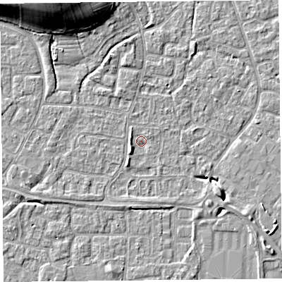 Shaded relief map of the ground around BS227UE, computed from Environment Agency LiDAR. The ground here sits at about 6 m above sea level and falls 15 m across the surrounding 800 m. Surface water reaching this point runs off ground lying to the south-west, 2.2 m higher.