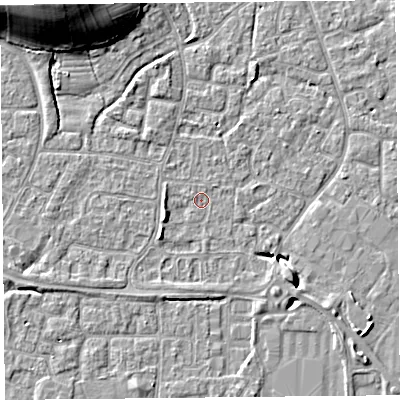 Shaded relief map of the ground around BS227UF, computed from Environment Agency LiDAR. The ground here sits at about 6 m above sea level and falls 15 m across the surrounding 800 m. Surface water reaching this point runs off ground lying to the west-south-west, 2.2 m higher.