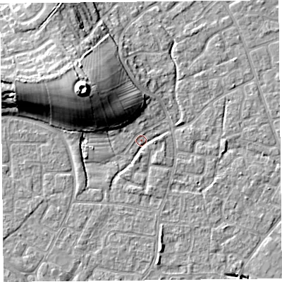 Shaded relief map of the ground around BS227UG, computed from Environment Agency LiDAR. The ground here sits at about 6 m above sea level and falls 19 m across the surrounding 800 m. Surface water reaching this point runs off ground lying to the north-west, 16.7 m higher.