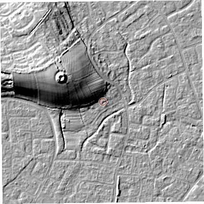 Shaded relief map of the ground around BS227UH, computed from Environment Agency LiDAR. The ground here sits at about 7 m above sea level and falls 17 m across the surrounding 800 m. Surface water reaching this point runs off ground lying to the north-west, 7.9 m higher.
