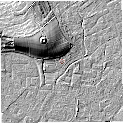 Shaded relief map of the ground around BS227UJ, computed from Environment Agency LiDAR. The ground here sits at about 6 m above sea level and falls 17 m across the surrounding 800 m. Surface water reaching this point runs off ground lying to the north-west, 11.6 m higher.
