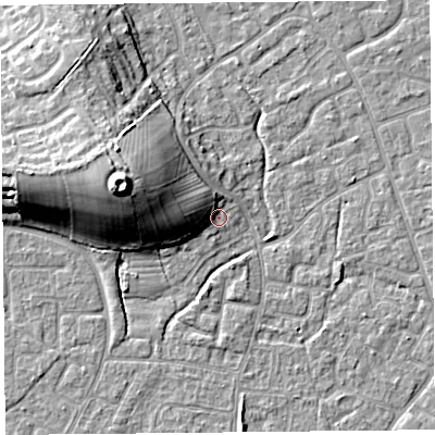 Shaded relief map of the ground around BS227UL, computed from Environment Agency LiDAR. The ground here sits at about 7 m above sea level and falls 17 m across the surrounding 800 m. Surface water reaching this point runs off ground lying to the west-north-west, 7.1 m higher.