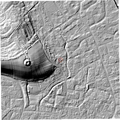 Shaded relief map of the ground around BS227UN, computed from Environment Agency LiDAR. The ground here sits at about 6 m above sea level and falls 17 m across the surrounding 800 m. Surface water reaching this point runs off ground lying to the west, 2.6 m higher.