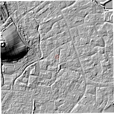 Shaded relief map of the ground around BS227UP, computed from Environment Agency LiDAR. The ground here sits at about 6 m above sea level and falls 18 m across the surrounding 800 m. Surface water reaching this point runs off ground lying to the south-south-east, 1.3 m higher.