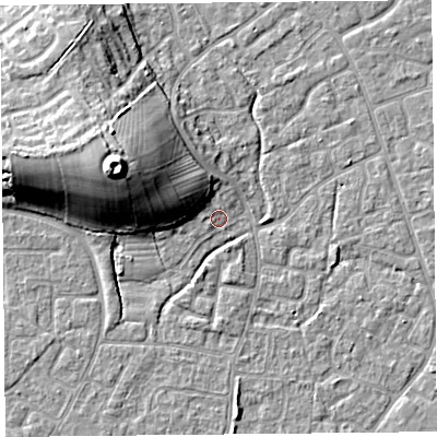 Shaded relief map of the ground around BS227UQ, computed from Environment Agency LiDAR. The ground here sits at about 6 m above sea level and falls 17 m across the surrounding 800 m. Surface water reaching this point runs off ground lying to the west-north-west, 7.3 m higher.