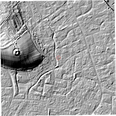 Shaded relief map of the ground around BS227UR, computed from Environment Agency LiDAR. The ground here sits at about 6 m above sea level and falls 18 m across the surrounding 800 m. Surface water reaching this point runs off ground lying to the south, 1.7 m higher.