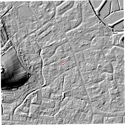 Shaded relief map of the ground around BS227US, computed from Environment Agency LiDAR. The ground here sits at about 6 m above sea level and falls 18 m across the surrounding 800 m. Surface water reaching this point runs off ground lying to the north-west, 1.1 m higher.