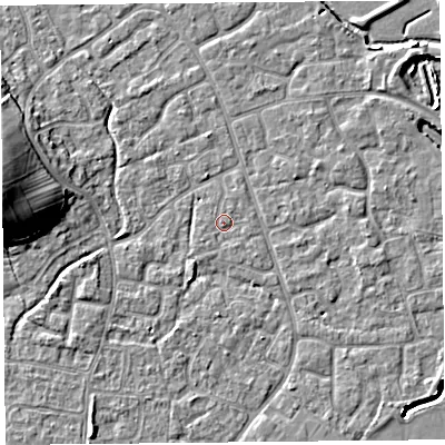 Shaded relief map of the ground around BS227UT, computed from Environment Agency LiDAR. The ground here sits at about 6 m above sea level and falls 12 m across the surrounding 800 m. Surface water reaching this point runs off ground lying to the south-west, 0.6 m higher.
