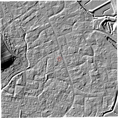 Shaded relief map of the ground around BS227UU, computed from Environment Agency LiDAR. The ground here sits at about 6 m above sea level and falls 10 m across the surrounding 800 m. The ground contributing surface water to this point lies to the south-west.