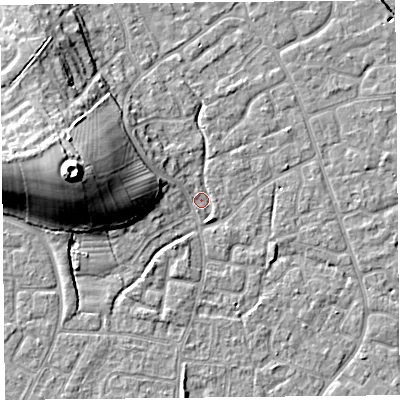 Shaded relief map of the ground around BS227UW, computed from Environment Agency LiDAR. The ground here sits at about 6 m above sea level and falls 18 m across the surrounding 800 m. Surface water reaching this point runs off ground lying to the west-north-west, 15.6 m higher.