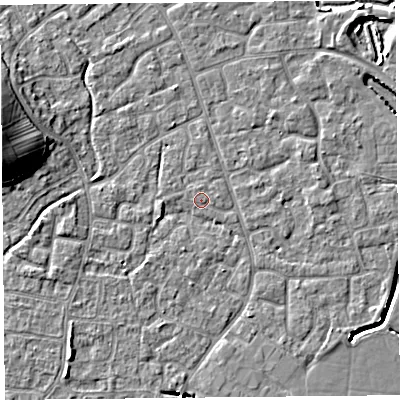 Shaded relief map of the ground around BS227UX, computed from Environment Agency LiDAR. The ground here sits at about 6 m above sea level and falls 12 m across the surrounding 800 m. The ground contributing surface water to this point lies to the east-north-east.