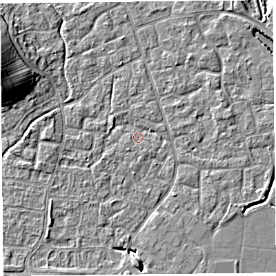 Shaded relief map of the ground around BS227UY, computed from Environment Agency LiDAR. The ground here sits at about 6 m above sea level and falls 12 m across the surrounding 800 m. Surface water reaching this point runs off ground lying to the east-north-east, 1.8 m higher.