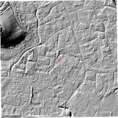 Shaded relief map of the ground around BS227UZ, computed from Environment Agency LiDAR. The ground here sits at about 6 m above sea level and falls 19 m across the surrounding 800 m. Surface water reaching this point runs off ground lying to the south-west, 2.3 m higher.